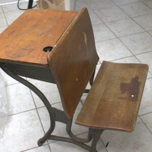 Vintage Wood and Cast Iron School Desk – Antique Student Desk with Attached Seat